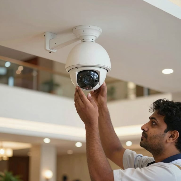 A South Asian / Indian technician installing a dome CCTV camera in a bright, modern hotel lobby.