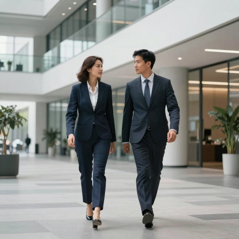 Two professionals in business attire walking through a modern office plaza with sophisticated architecture.