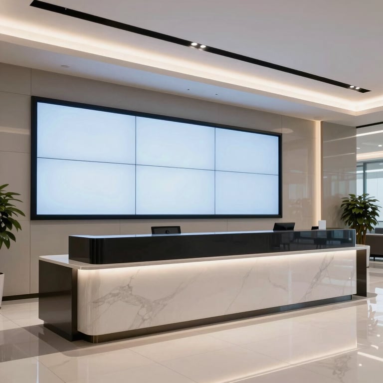 A clean, modern reception area of a large enterprise with a digital display and polished surfaces.
