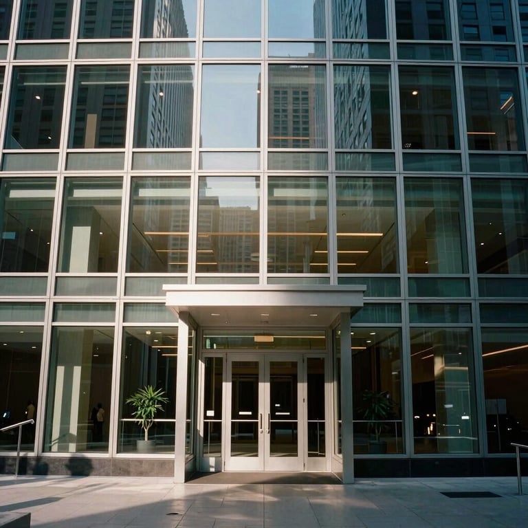 Sunlight streaming through a tall glass-paned entrance of a commercial building in a US city environment.