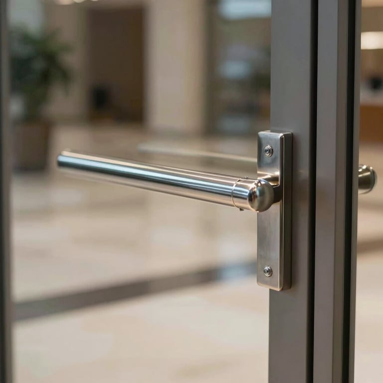 Detail of a polished steel handle on a thick glass door in a modern North American lobby with Silver accents.