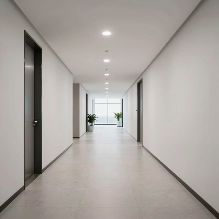 Wide view of a bright corporate hallway with minimalist design and recessed lighting, showing established professionalism.