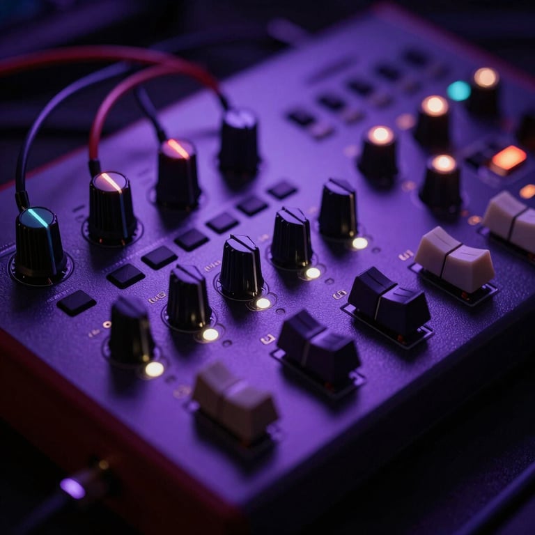 A close-up of a modular synthesizer with glowing patch cables, high-contrast chiaroscuro lighting, deep purple shadows.