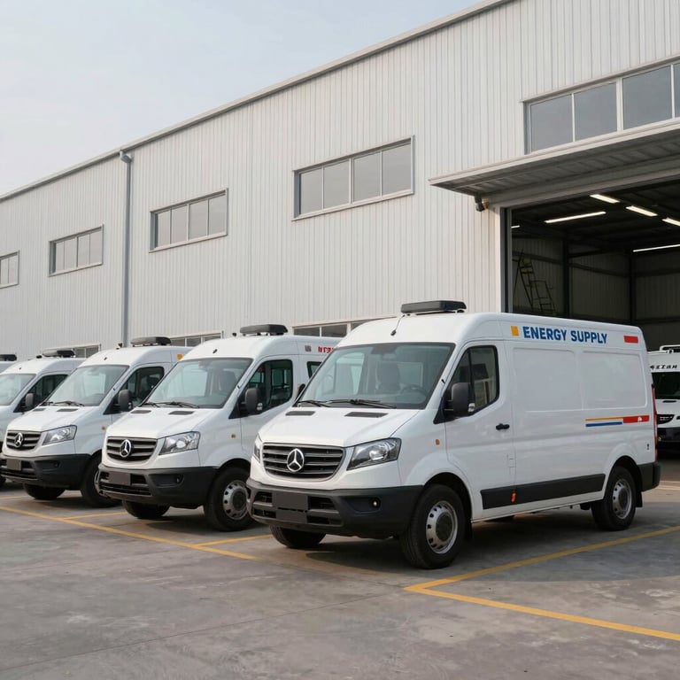 Wide shot of a fleet of ENERGY SUPPLY NT SAS service vehicles parked in front of a modern warehouse.