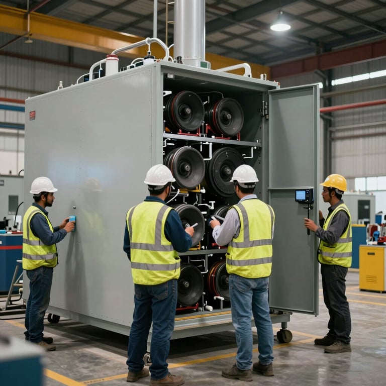 An installation team in safety gear working on a large power backup system inside a Colombian industrial plant.
