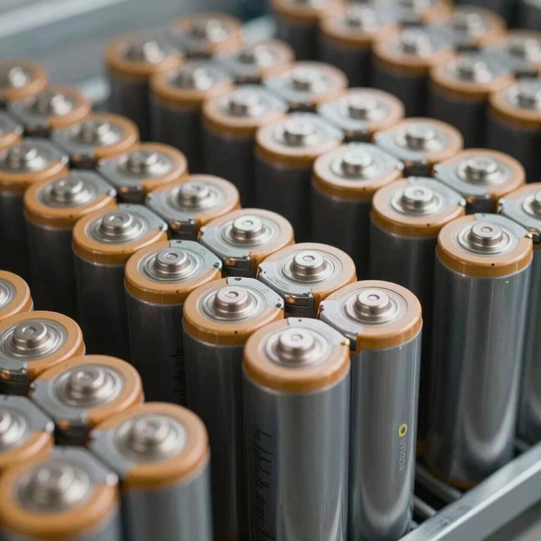 A rows of industrial batteries in a temperature-controlled storage room, showcasing organization and reliability.