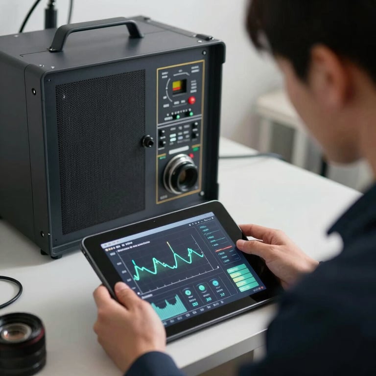 A technician using a digital tablet to monitor real-time energy consumption of a backup system.