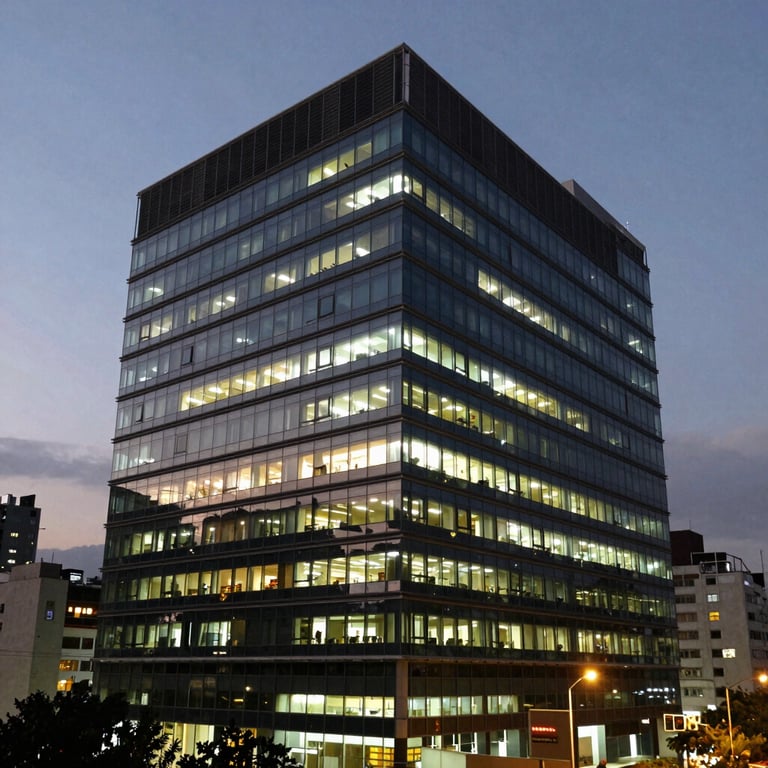 Modern office building in Bogotá at dusk with lights powered by emergency energy systems.