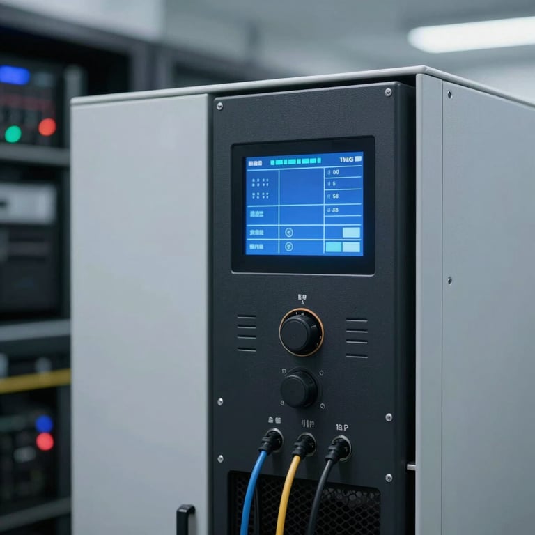 A detailed shot of a modular UPS unit displaying a glowing status screen, professional lighting in a clean data center environment.