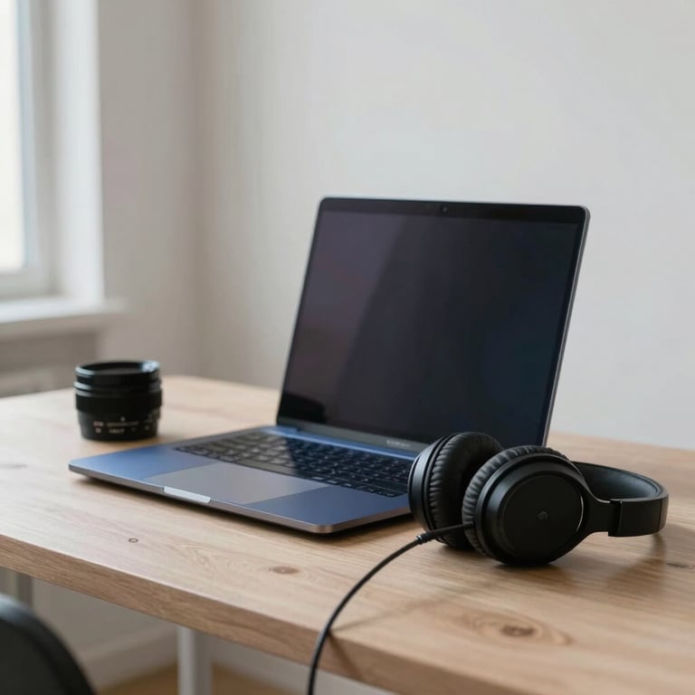 A minimalist home studio setup in a North American apartment, featuring a midnight blue laptop and a pair of professional black headphones on a desk.