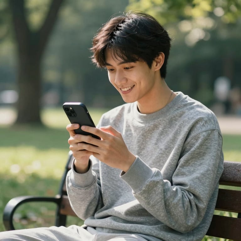 Photography of a young adult in a sunlit North American park, wearing casual gray attire, humming into a black smartphone with a smile.