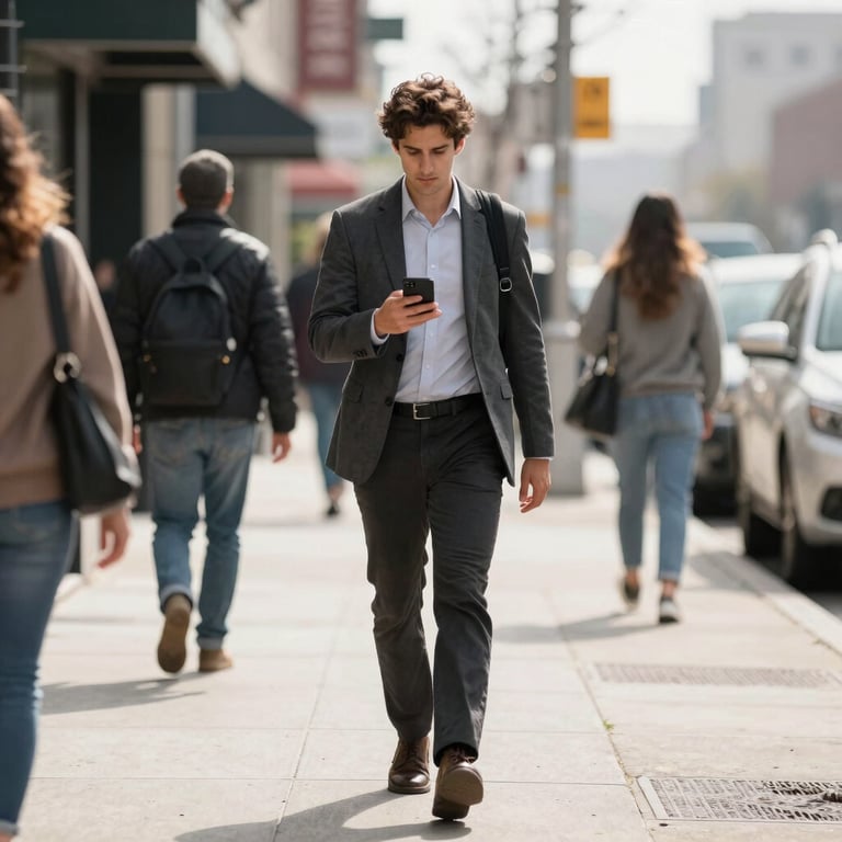 A focused person walking down a busy North American sidewalk, holding a black phone with determination, bright off-white afternoon daylight.