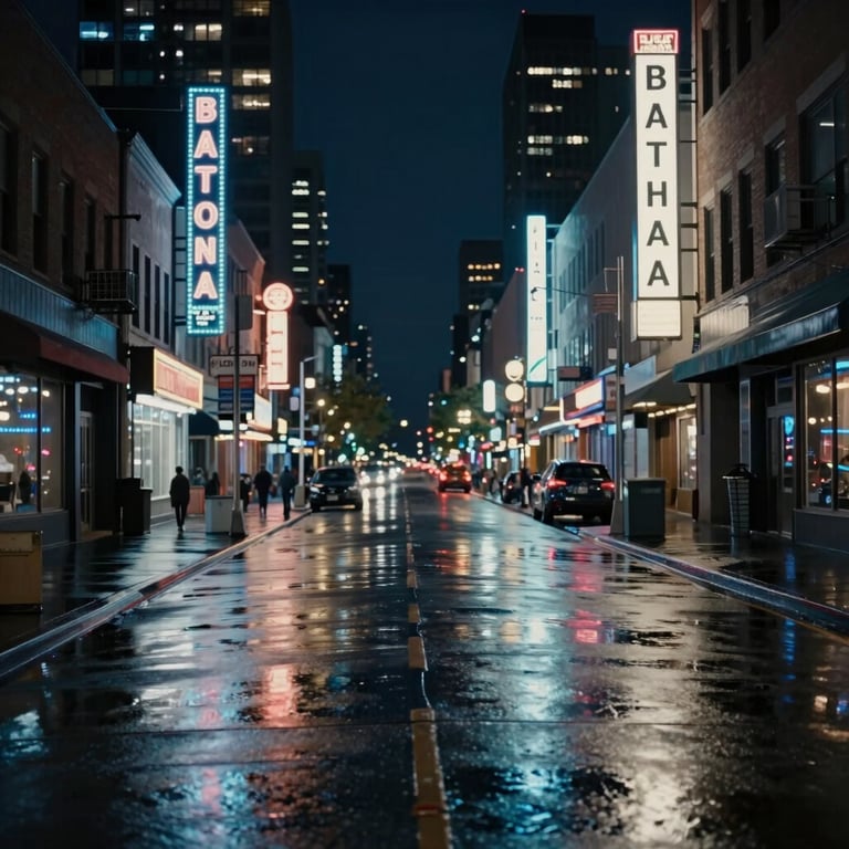 A vibrant street scene at night in a North American city, neon signs in midnight blue and off-white reflected on wet pavement.