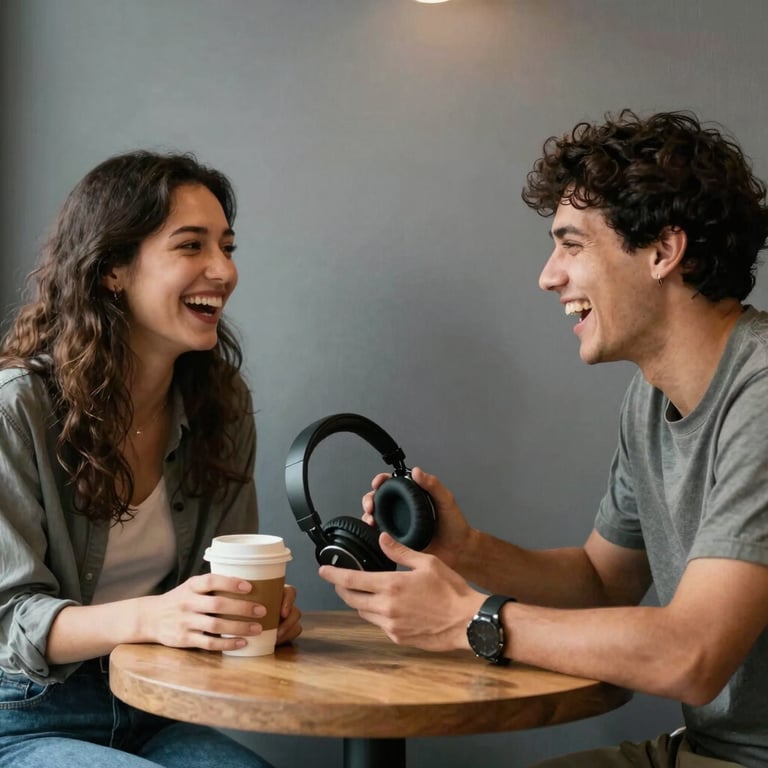 Candid photography of two friends in a North American coffee shop with gray walls, laughing as they share a pair of headphones.