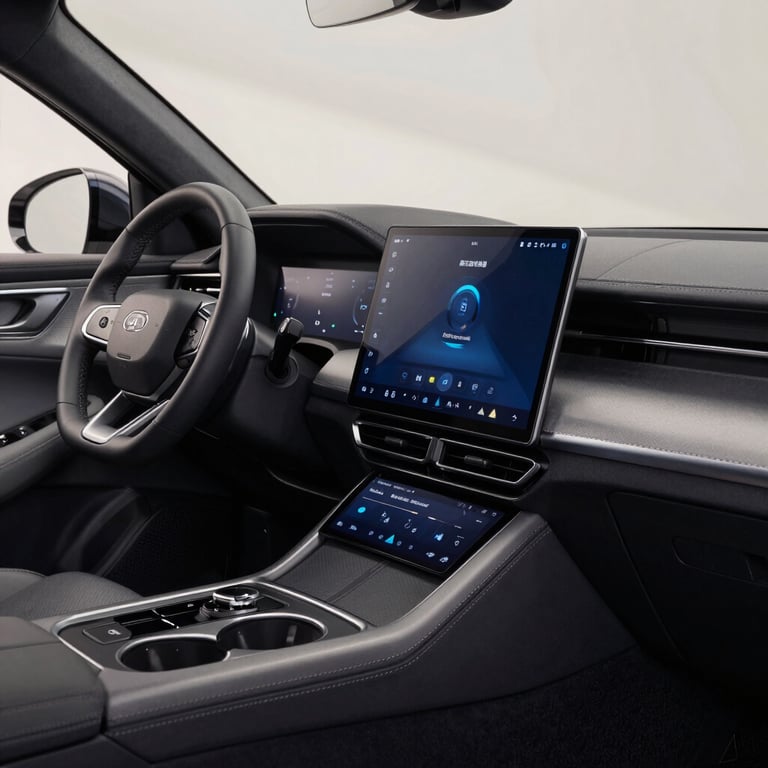 Interior shot of a modern car's sleek dashboard, emphasizing clean design and technology, North American / US context with midnight blue digital displays.