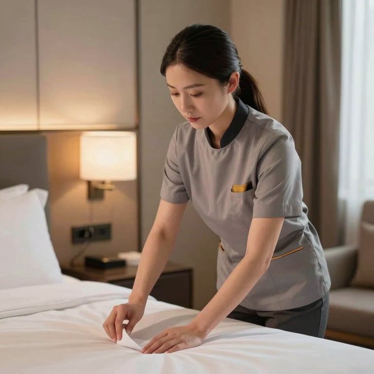 A professional cleaner wearing a subtle uniform, carefully inspecting a guest room for perfection.