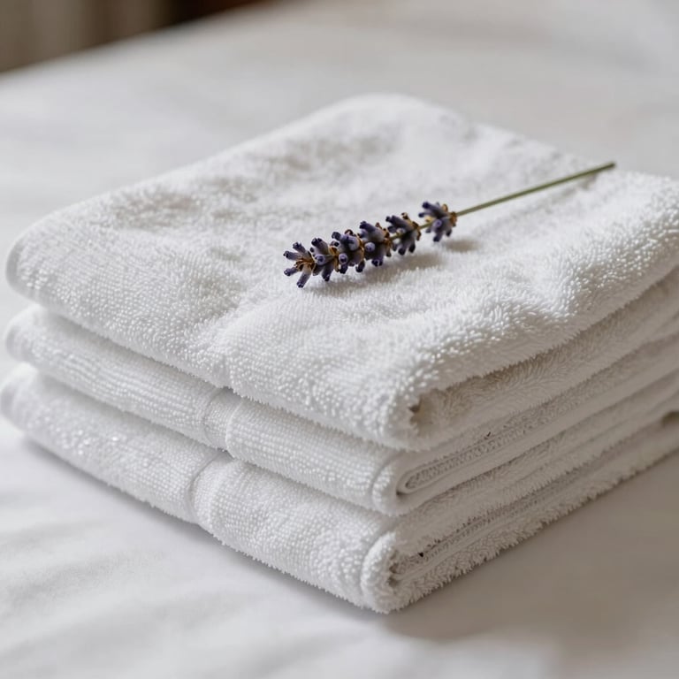 Detail of neatly folded white towels and a small lavender sprig on a bed, conveying high-quality service.