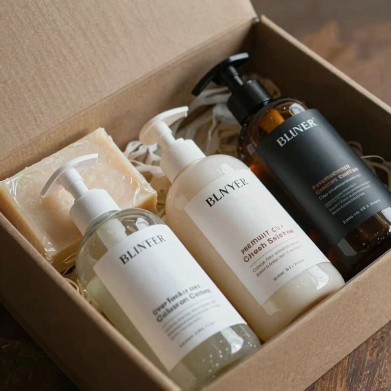 A selection of premium guest welcome kits including soap and shampoo, displayed in an organized box.