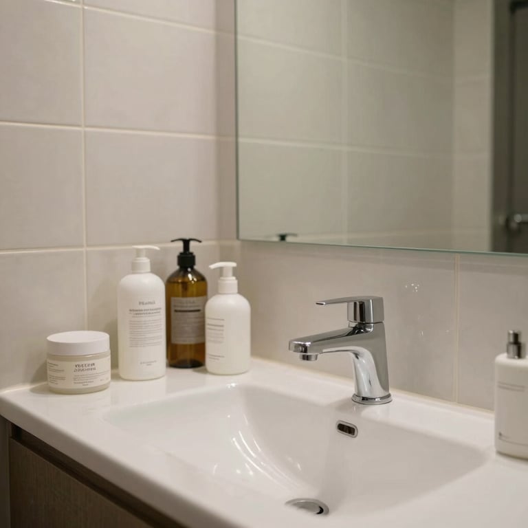 A wide shot of a pristine bathroom with gleaming tiles and fresh supplies, reflecting a trustworthy atmosphere.
