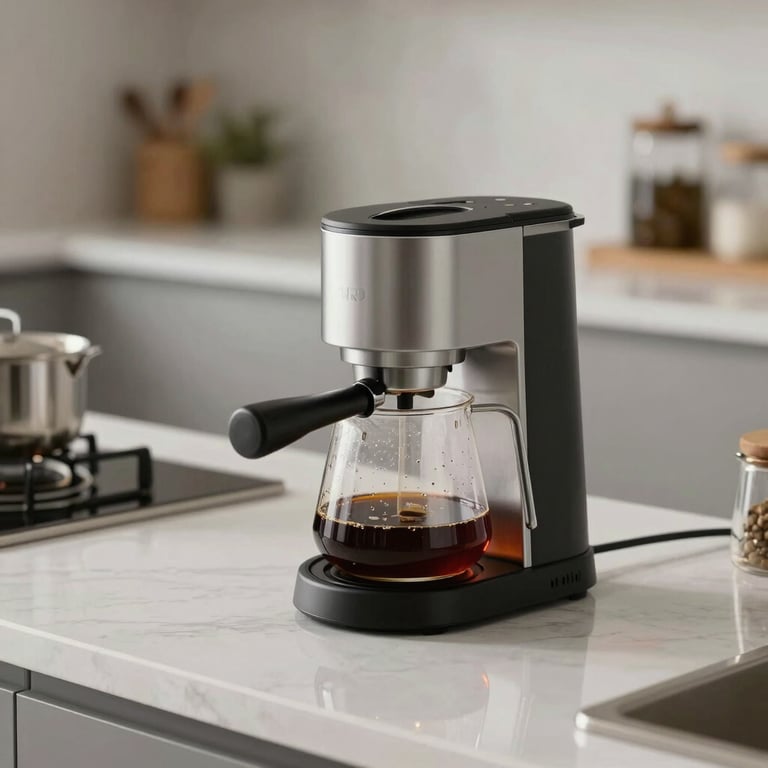 A sparkling clean kitchen counter with a designer coffee kit, showing attention to detail and guest comfort.