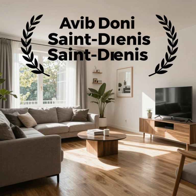 A bright, modern Airbnb living room in Saint-Denis with polished surfaces reflecting soft sunlight.