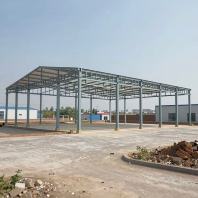 A wide shot of a completed steel structure shed, demonstrating large scale fabrication and structural strength.