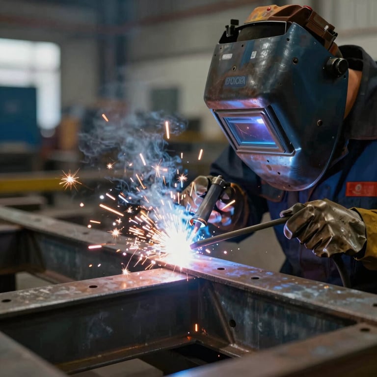 A close-up of a high-precision welding arc on a custom steel structure, sparks flying, industrial atmosphere.