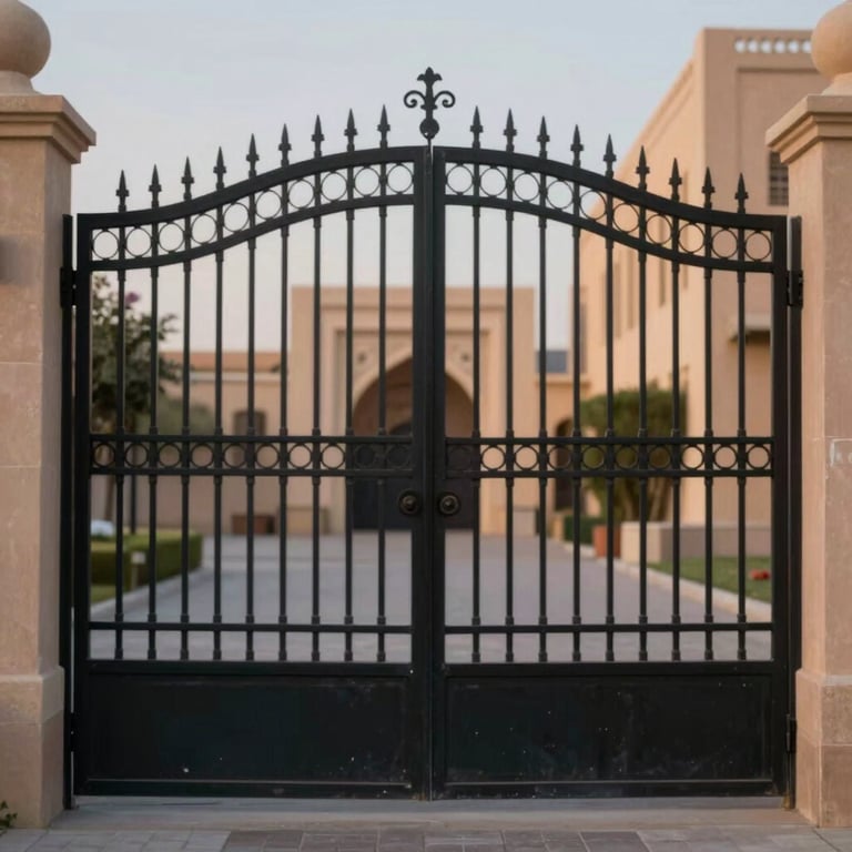 Heavy-duty iron gate with custom decorative steel work, elegant Riyadh style, dusk lighting.