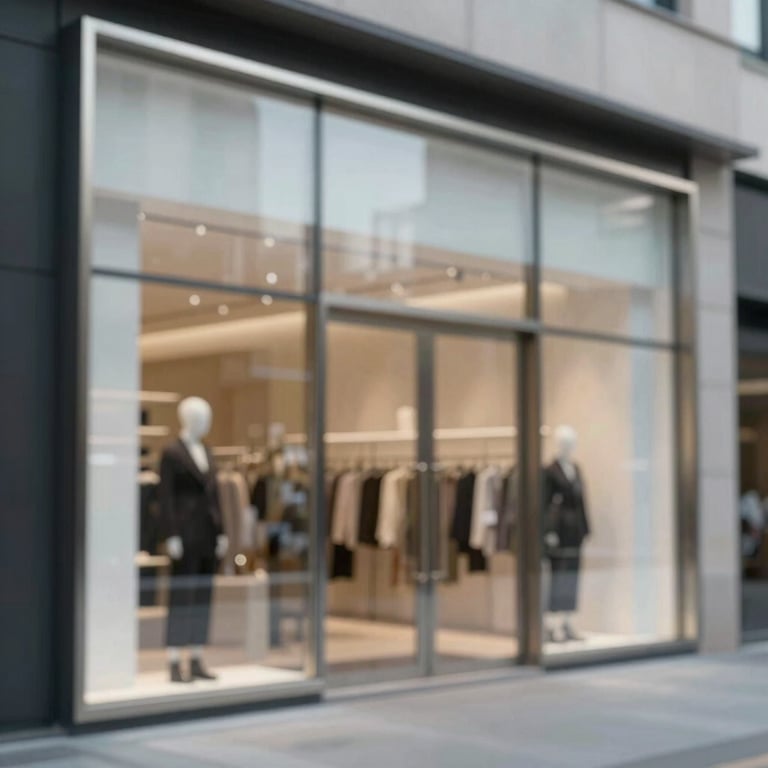 Modern glass and aluminium storefront frame, clean lines, reflecting a high-end commercial aesthetic.