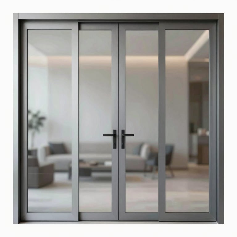 Sleek aluminium doors with modern minimalist glass panels, professional craftsmanship, #F8F5F2 and #2C272E colors.