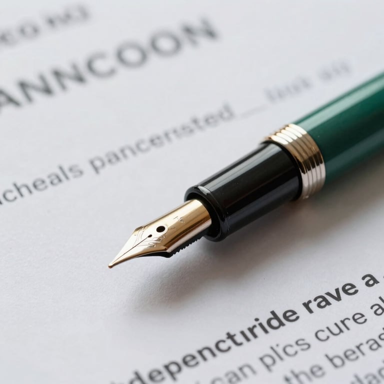 Detailed close-up of a high-end fountain pen resting on a financial contract with forest green accents.