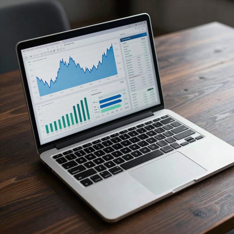 A sleek, modern laptop on a dark wood desk displaying clean financial data charts in shades of petrol blue and green.