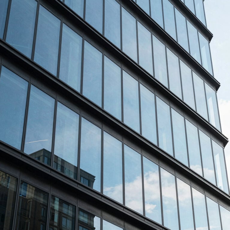 Modern architectural detail of a glass building reflecting a blue sky, symbolizing transparency and growth.
