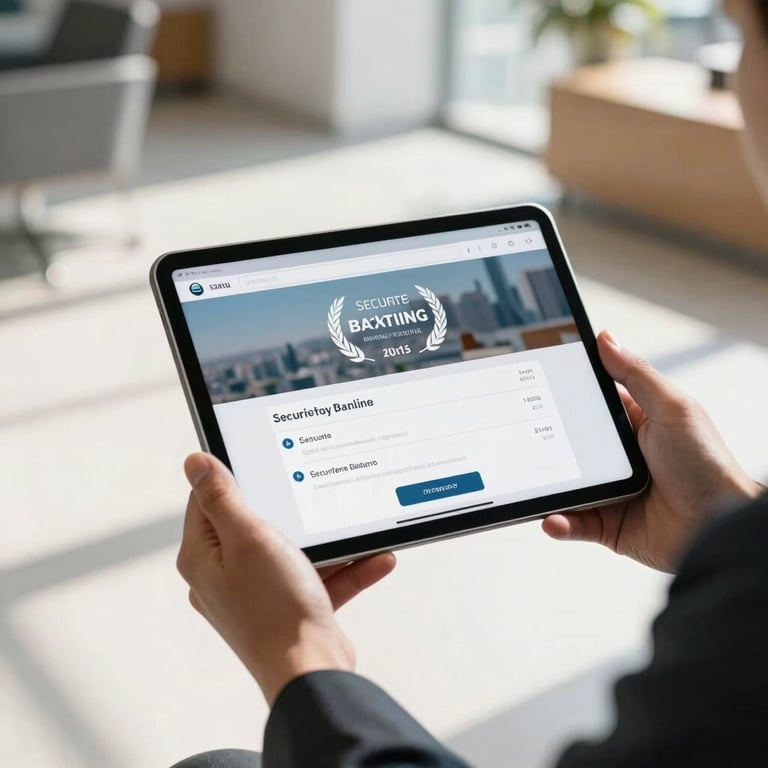 A professional holding a tablet showing a secure banking interface in a bright, sunlit modern lobby.