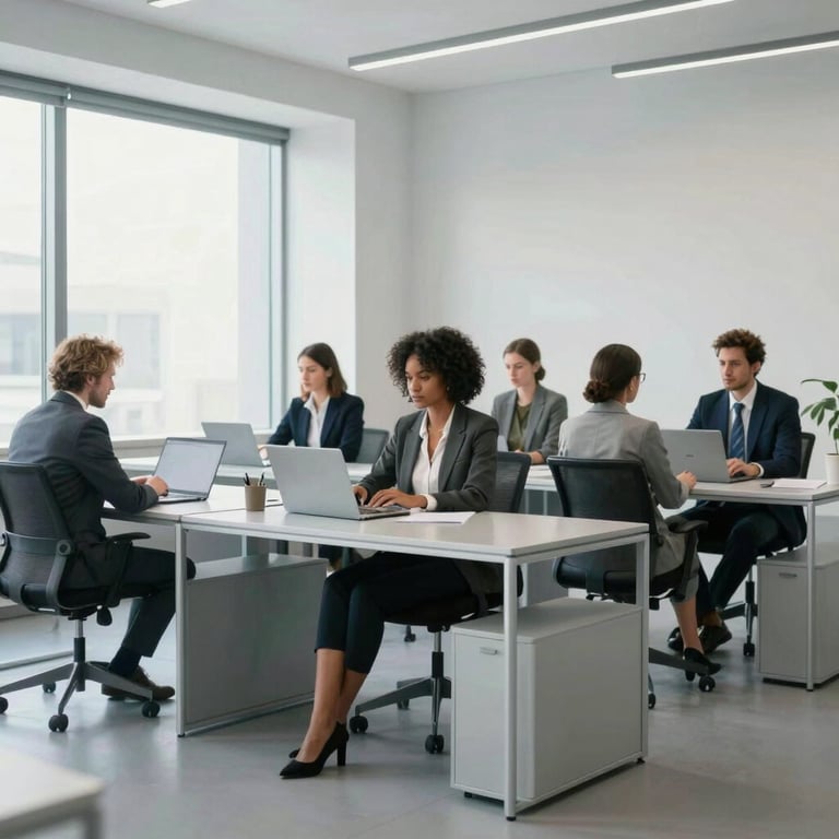 A group of diverse professionals in a bright, modern office space with minimalist silver grey furniture.