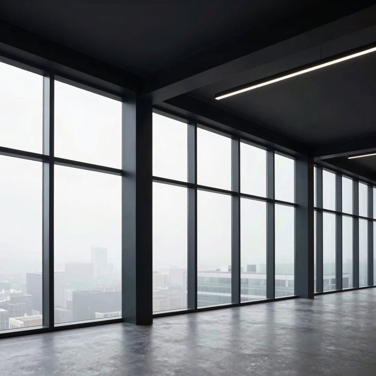 A minimalist office interior with floor-to-ceiling windows and dark navy structural elements.