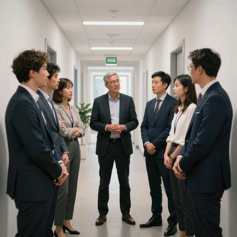 A team of professionals having a standing meeting in a bright European / French office corridor.