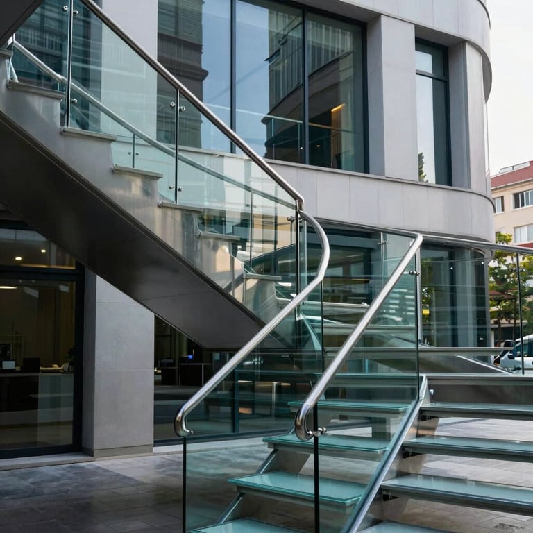 An architectural detail of a glass staircase in a corporate French headquarters.