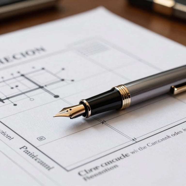 A close-up of a fountain pen resting on a strategic plan in a high-end European / French office.