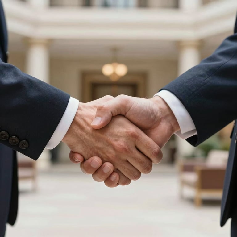 Detailed close-up of a handshake between two professionals in a bright European / French lobby.