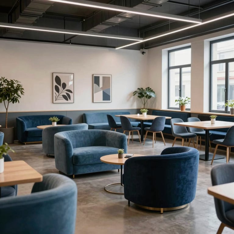 A wide shot of a modern European / French co-working space with navy and soft blue furniture.