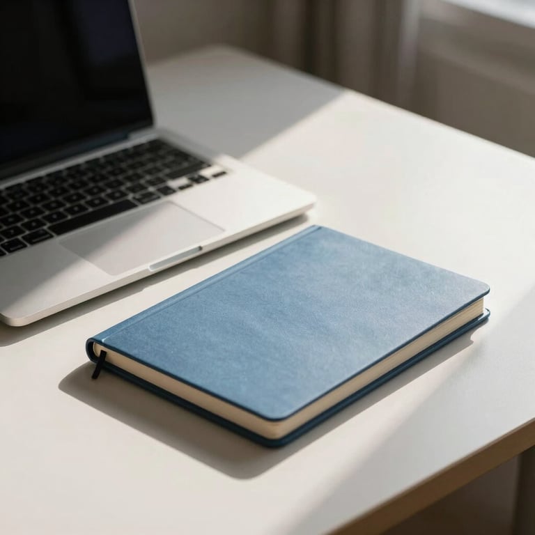 A minimalist European / French executive desk with a laptop and a soft blue notebook, soft morning light.