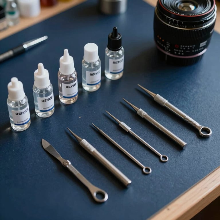 A collection of professional-grade glass resins and repair tools organized neatly on a dark navy blue workspace.