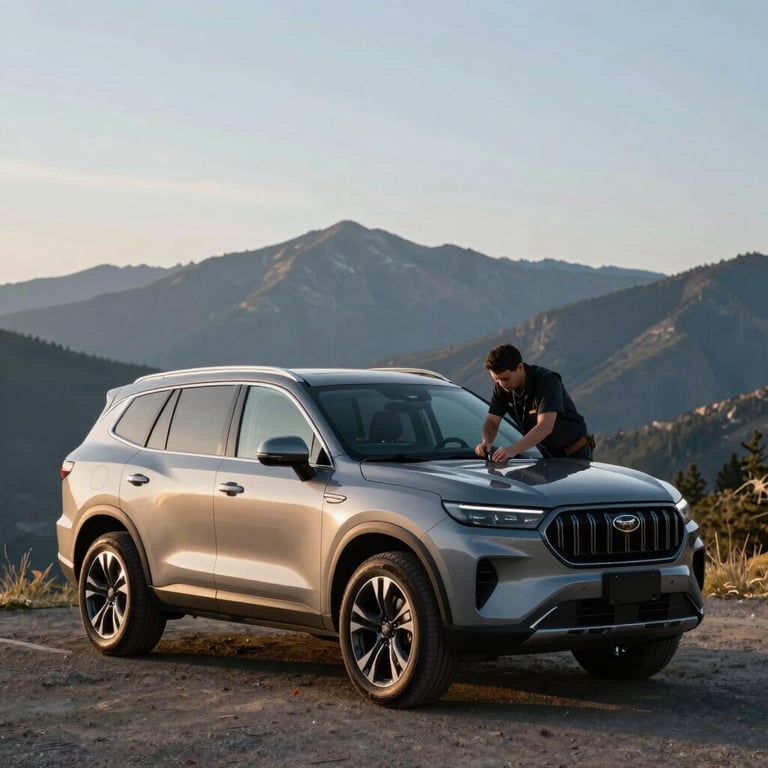 A wide shot of a technician working on a modern SUV with a scenic North American mountain range under a clear sky in the background.