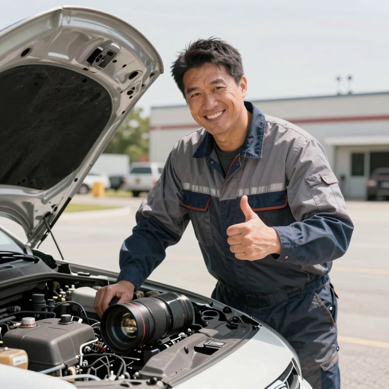 A professional technician in North American / US work attire giving a thumbs up next to a repaired vehicle in a bright outdoor setting.
