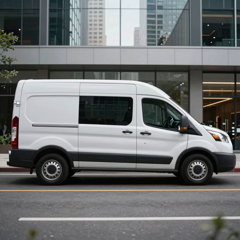 Side view of a clean service van parked in a modern business district in a North American / US city, conveying reliability.