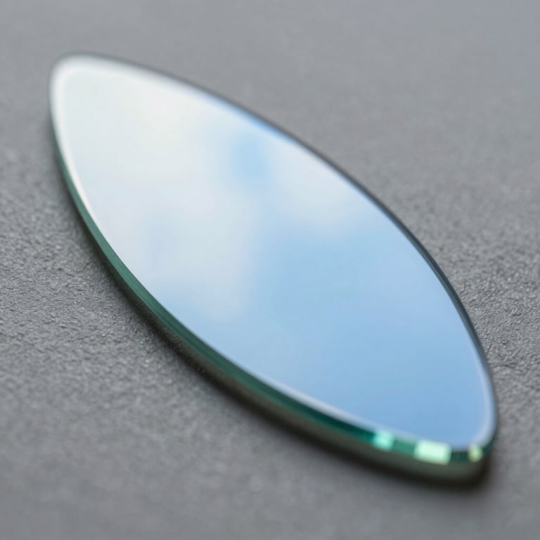 Macro photography of a perfectly repaired glass chip, showing flawless clarity and sky blue reflections on the surface.