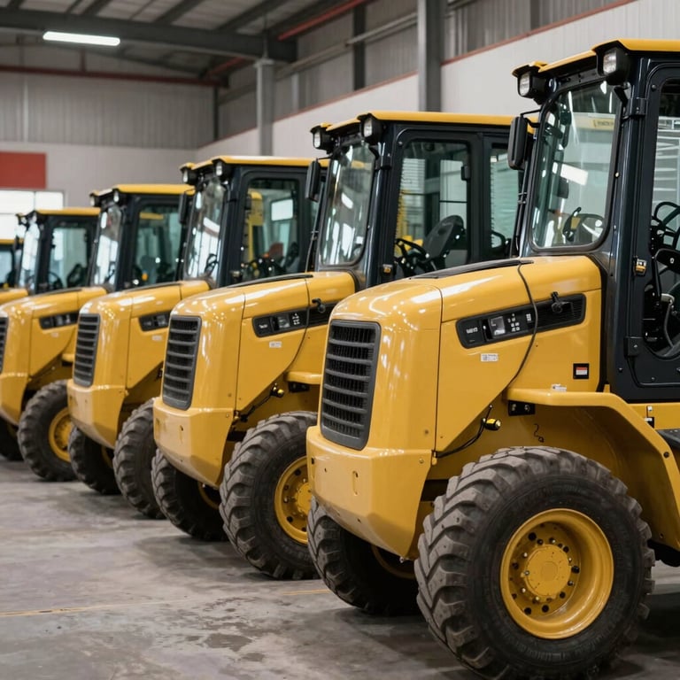 A row of well-maintained skid steers lined up at a dealership, emphasizing stock availability and professional organization.