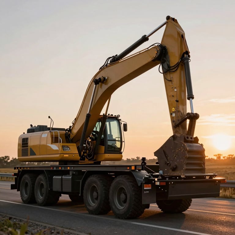 A commercial low-boy trailer transporting a large excavator on a North American highway, sunset lighting highlighting the machinery silhouettes.