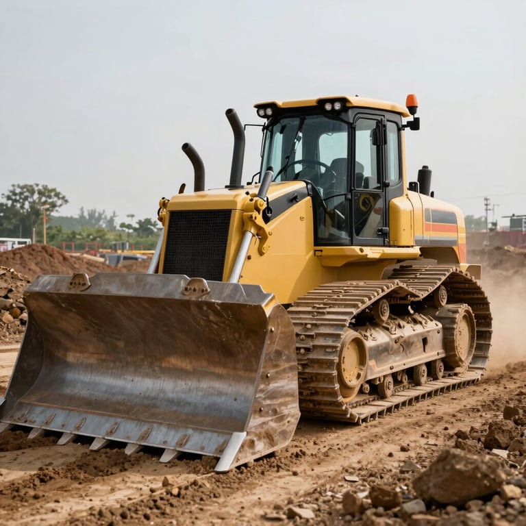 A bulldozer clearing terrain at a land development project, capturing the power and efficiency of heavy earth-moving equipment.